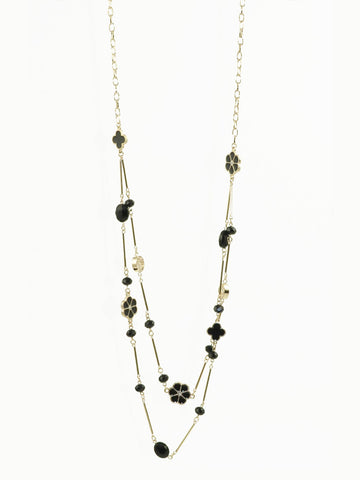 Black Flower and Gemstone Long Necklace