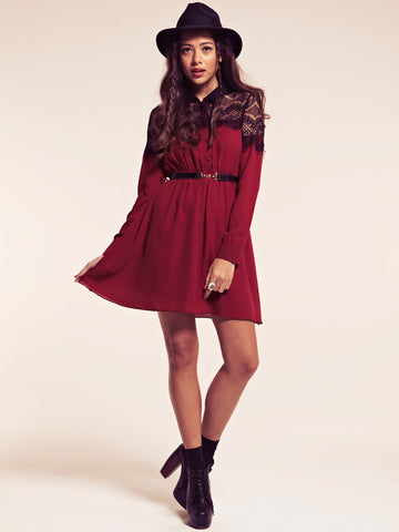 Courtney Burgundy Dress with Contrast Lace Detail
