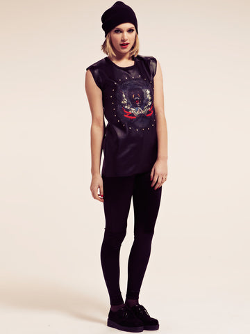 Colombo Sleeveless Leather Look Top with Dog Print and Stud Detail