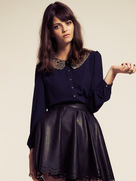 Corinne Navy Blouse with Sequin Double Collar