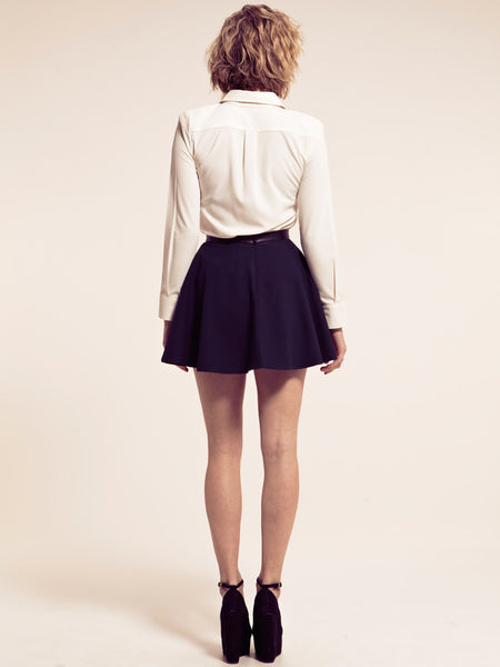 Charlotte Navy Skater Skirt with Leather Look Trim Detail