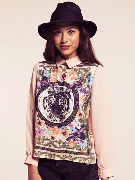 Clarissa Pink Collared Blouse with Baroque Tiger Print