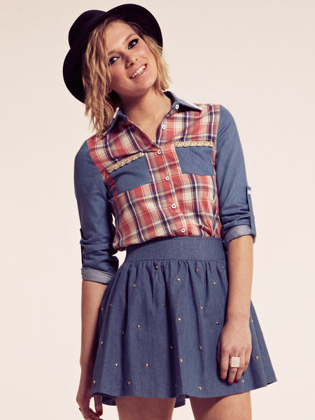 Audrey Chambray Studded Skater Skirt