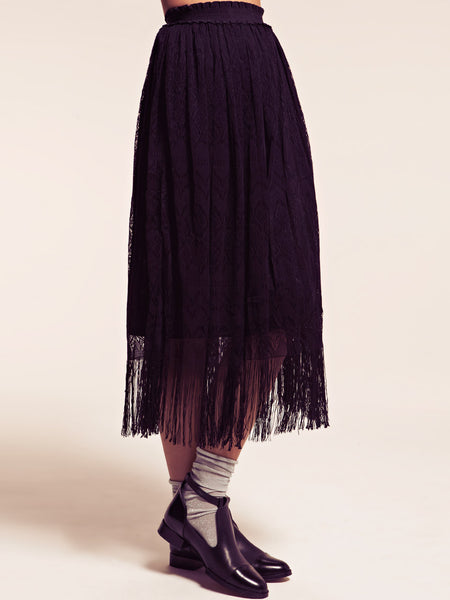 Atlanta Black Boho Fringe Midi Skirt