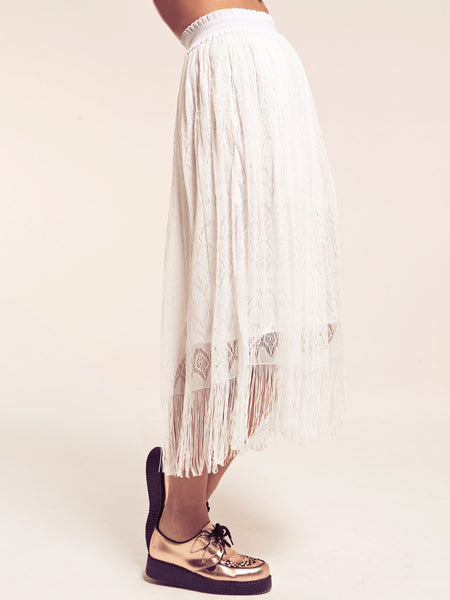 Atlanta White Boho Fringe Midi Skirt