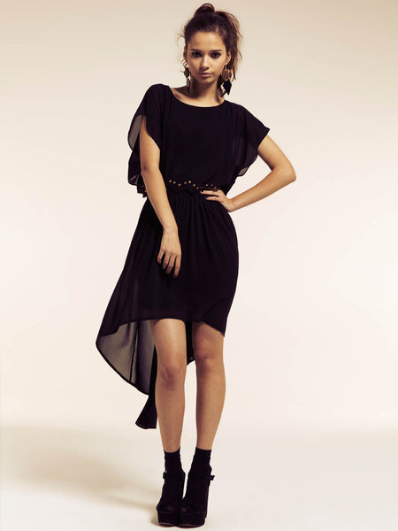 Bella Black Long Cape Dress with Scallop Stud detail