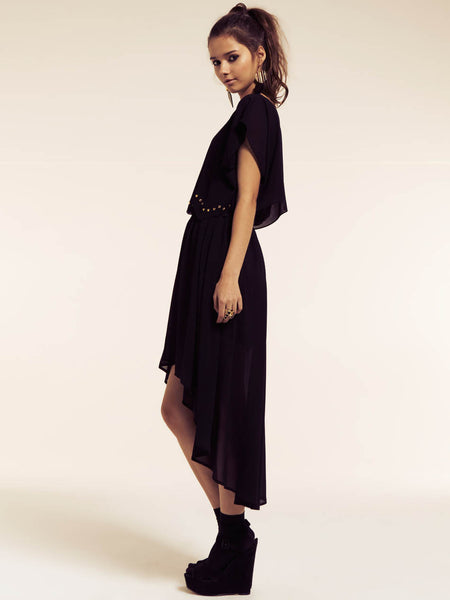 Bella Black Long Cape Dress with Scallop Stud detail