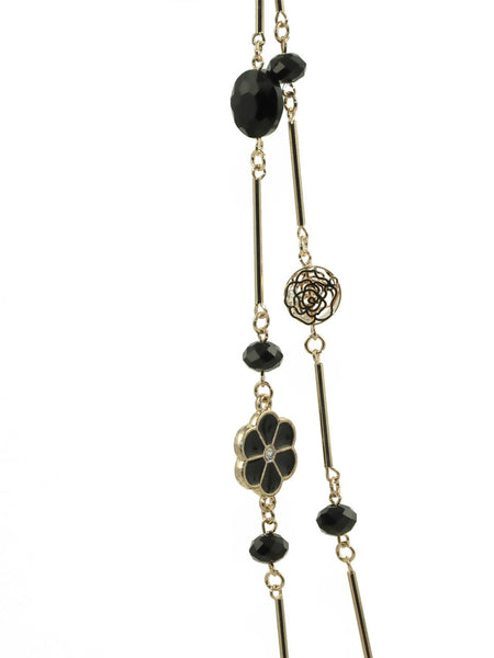 Black Flower and Gemstone Long Necklace