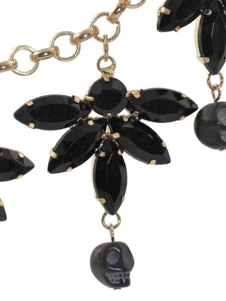 Black Floral and Skull Pendant Short Necklace