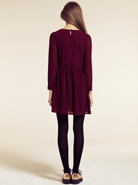 Anne Burgundy Stud Front Long Sleeve Dress