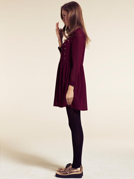 Anne Burgundy Stud Front Long Sleeve Dress