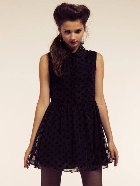 Claire Black Velvet Dots Studded Collar Dress