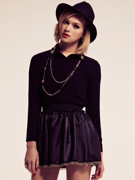 Colette Leather Look Skater Skirt with Metal Chain Detail