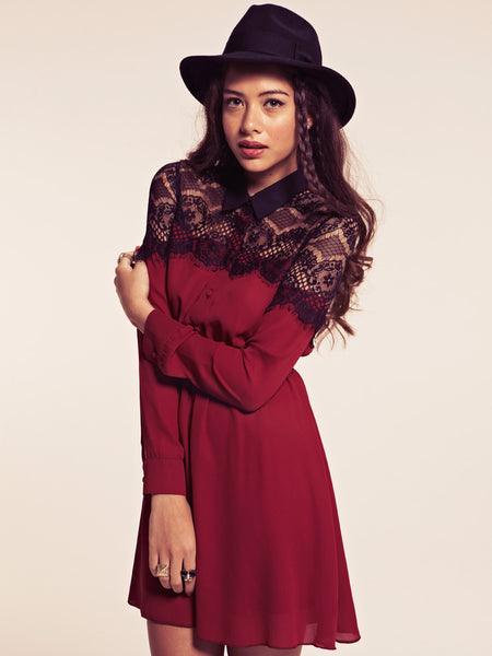 Courtney Burgundy Dress with Contrast Lace Detail