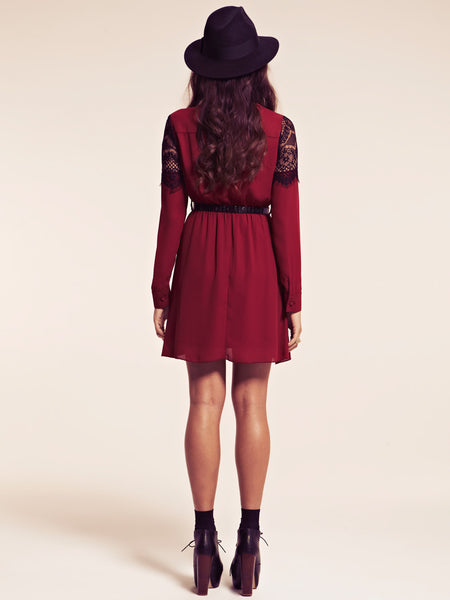 Courtney Burgundy Dress with Contrast Lace Detail