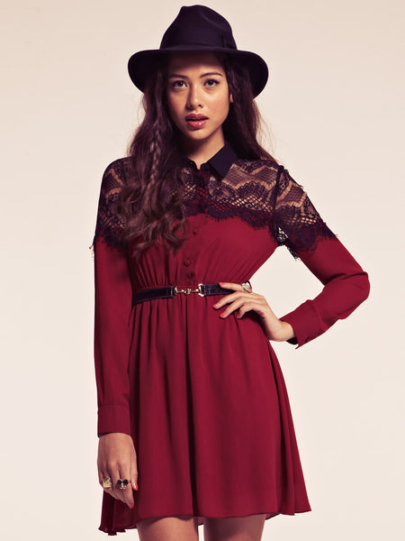 Courtney Burgundy Dress with Contrast Lace Detail