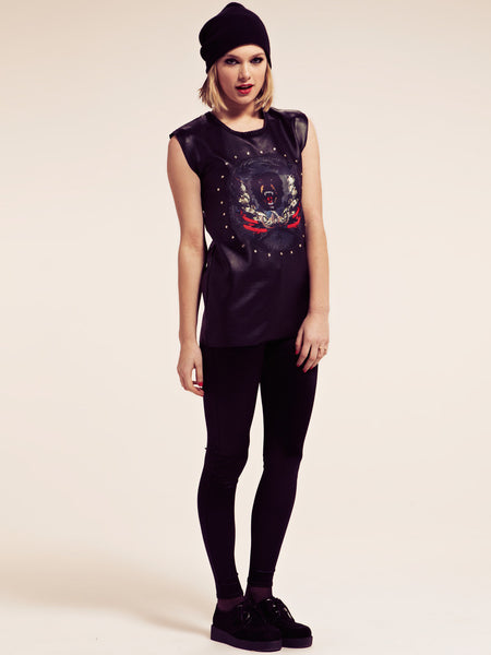 Colombo Sleeveless Leather Look Top with Dog Print and Stud Detail