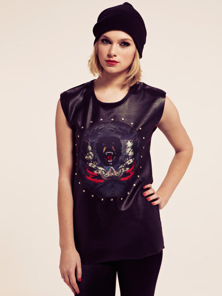 Colombo Sleeveless Leather Look Top with Dog Print and Stud Detail