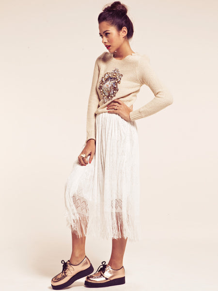 Atlanta White Boho Fringe Midi Skirt