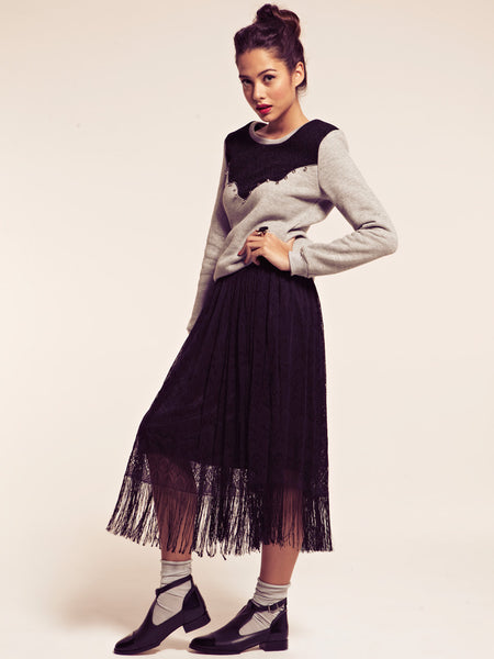 Atlanta Black Boho Fringe Midi Skirt